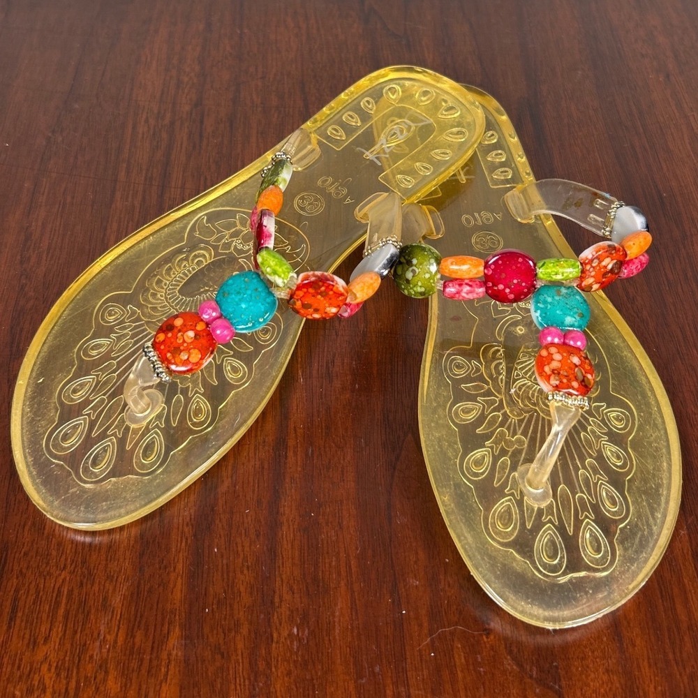 Dizzy Womens Clear Yellow Jelly Sandals Beaded T-Strap Flip Flops Size 39 019A